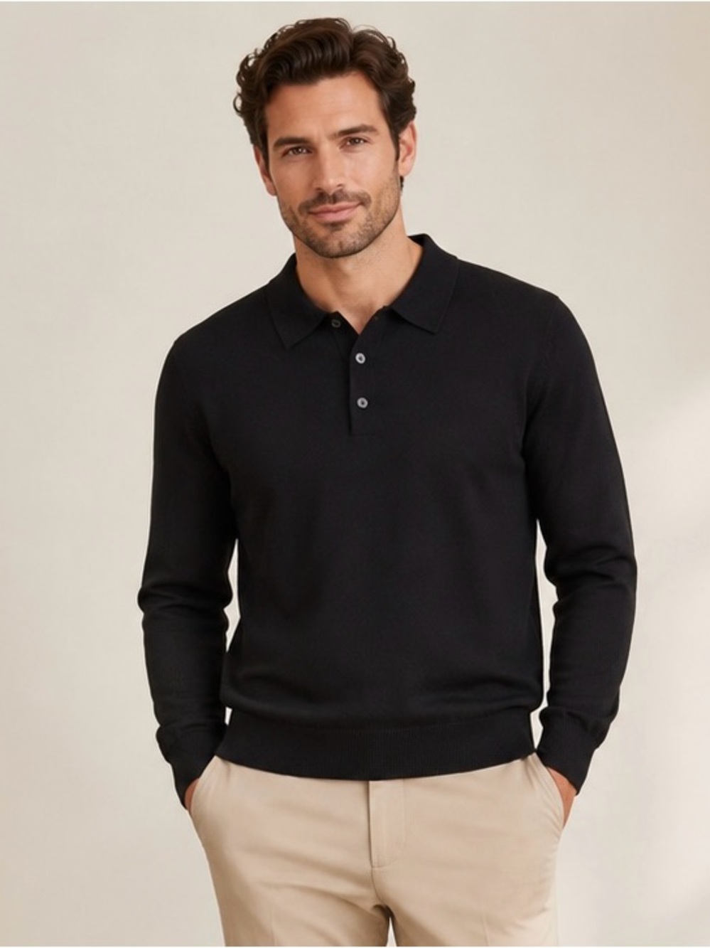 Pierre Cardin Men’s Black Extra Fine Merino Wool Long Sleeve Polo Sweater XL